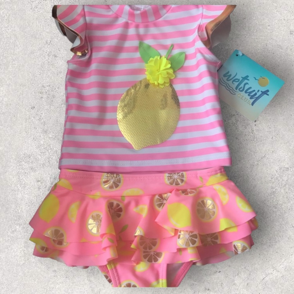 Wetsuit Club Pink & Yellow Striped Ruffle Swim Bottoms & Rash guard 6 months